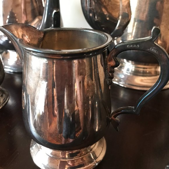 Antique Patinated Pure Silver Plated 5 Pc Tea Set w/ Black Wood Handle - Picture 11 of 15